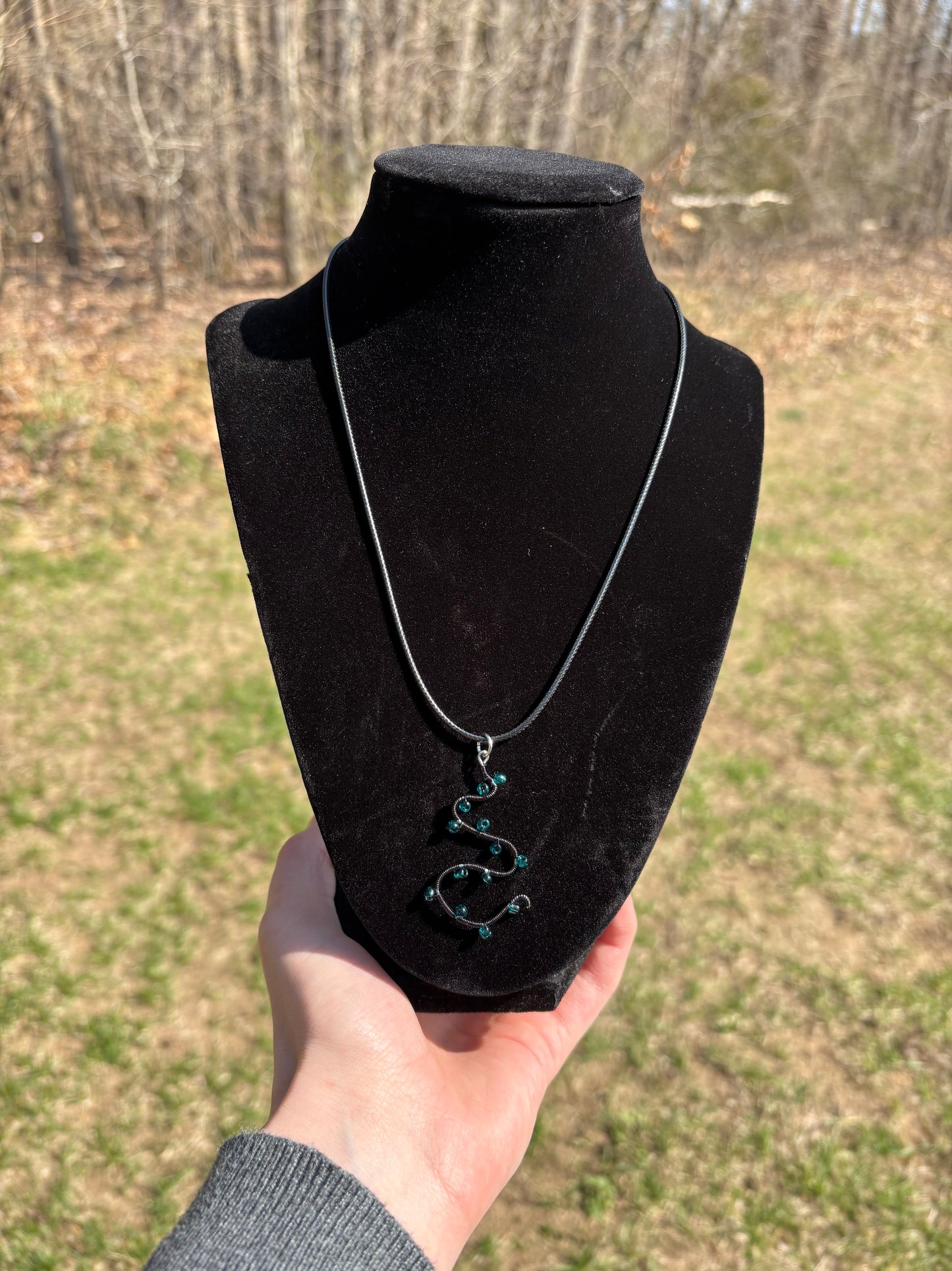 Black and Teal Swirl Wire Wrapped Large Pendant