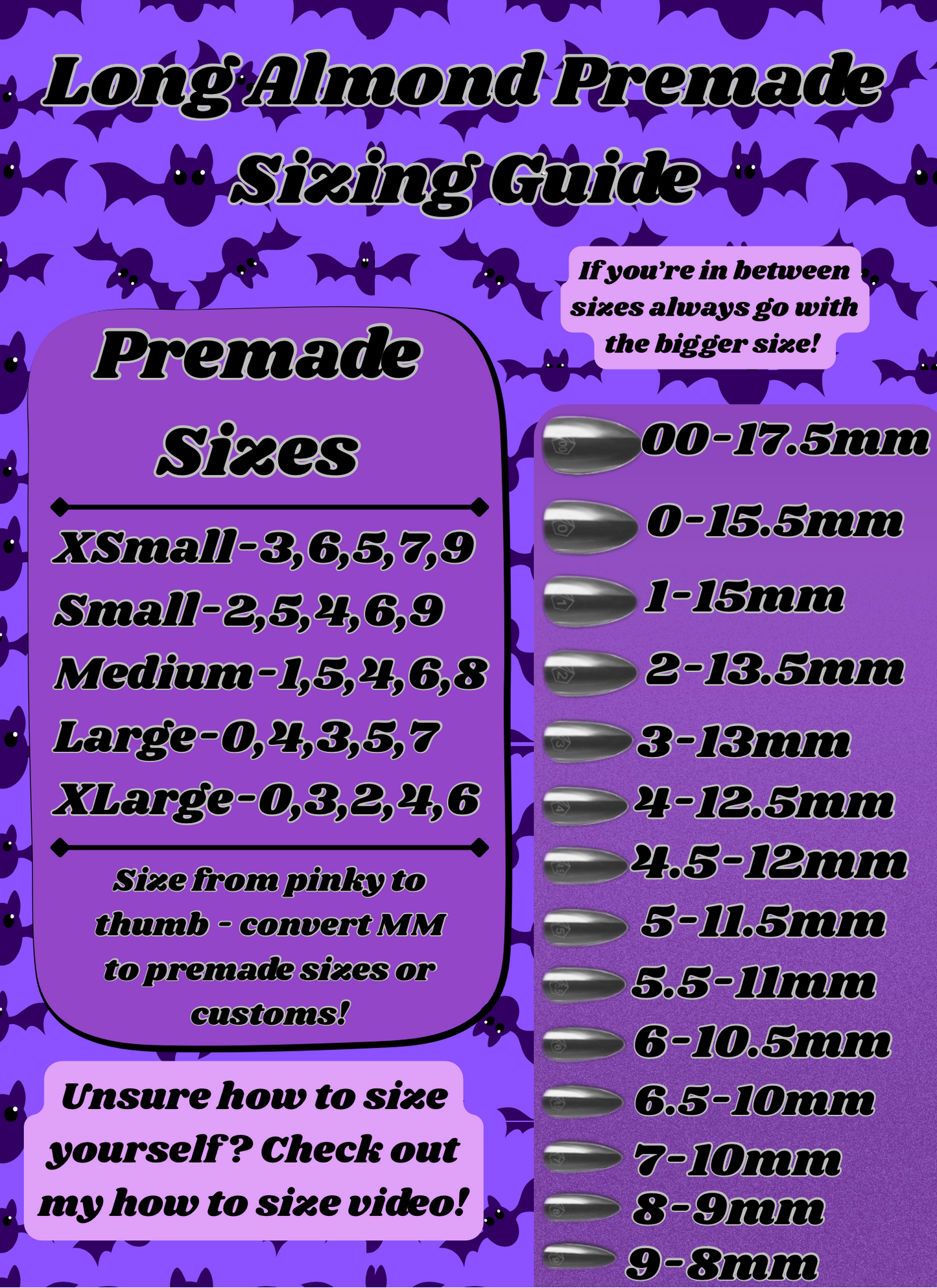 Almond Premade Sizing Guide