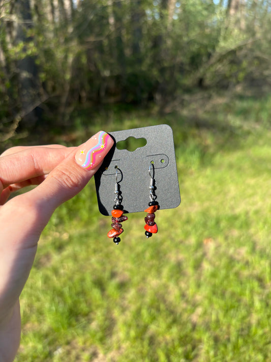 Bloodstone & Coral Natural Stone Chip Dangle Earrings