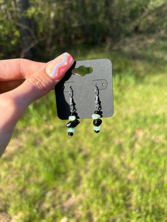 Lite Green & Black Glass Natural Stone Chip Dangle Earrings