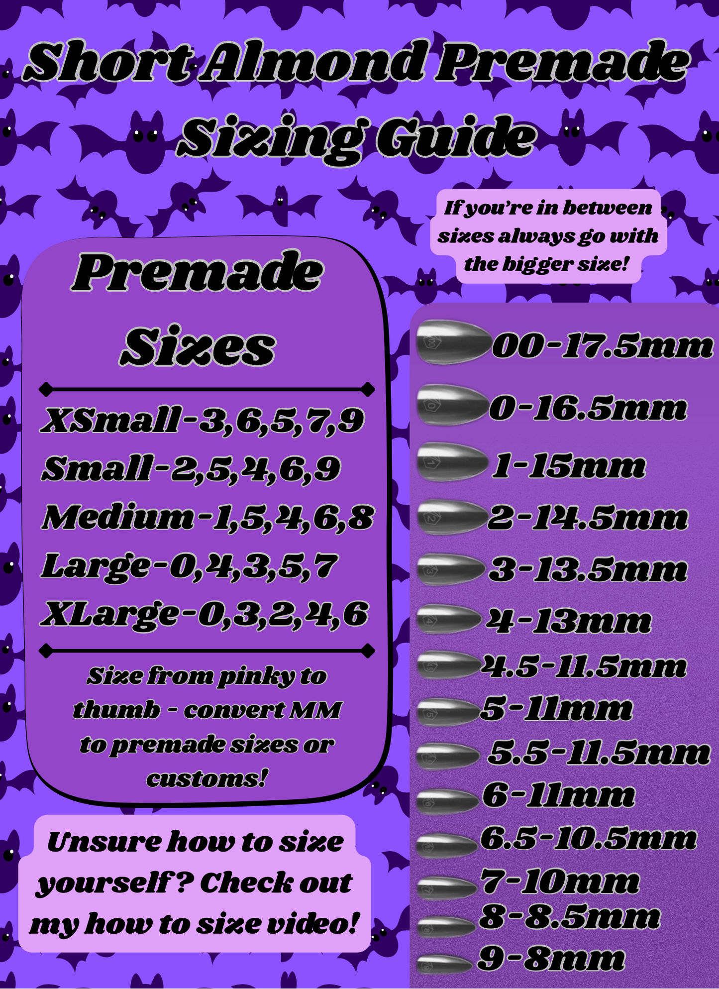 Almond Premade Sizing Guide