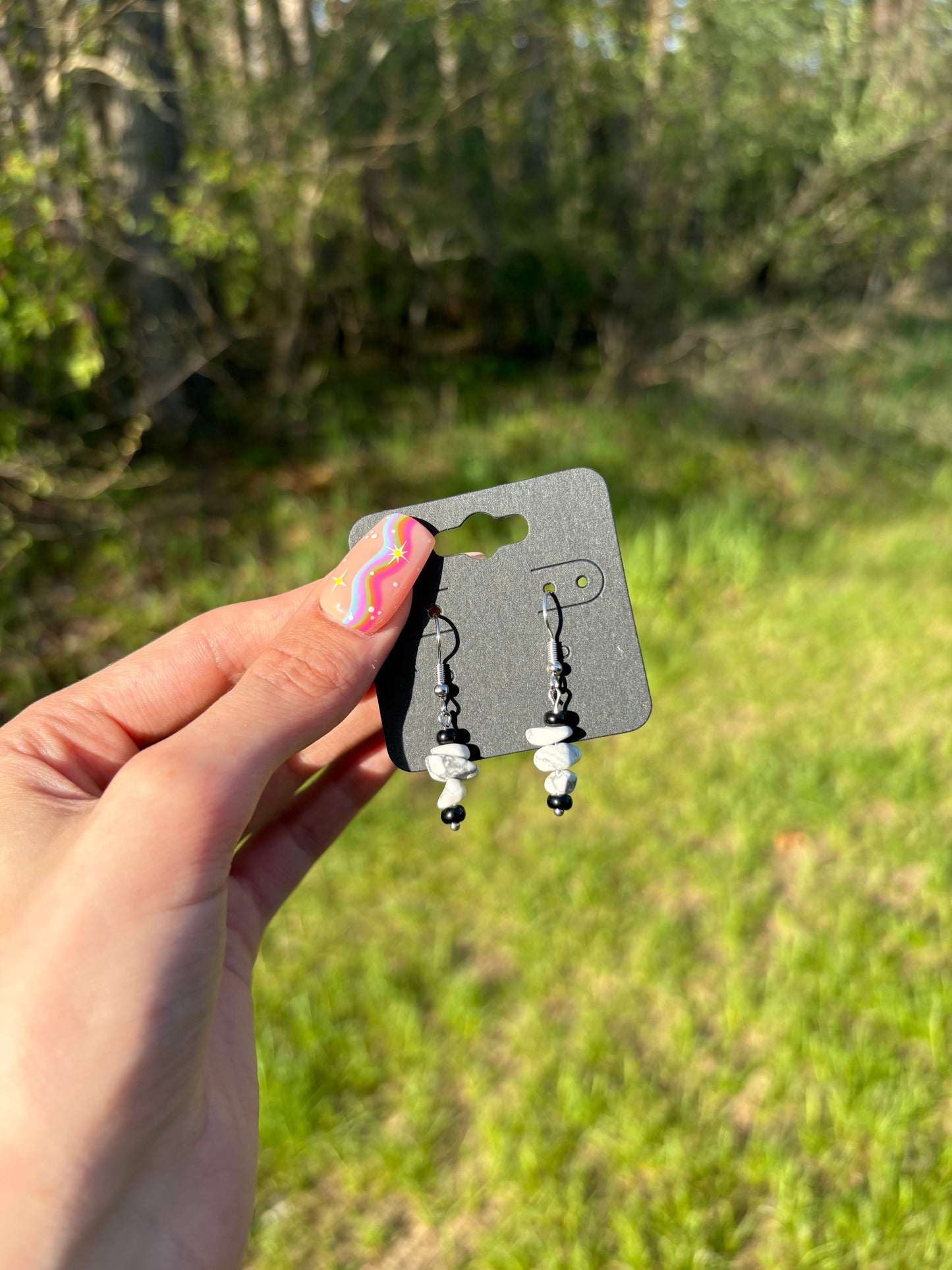 White & Black Natural Stone Chip Dangle Earrings