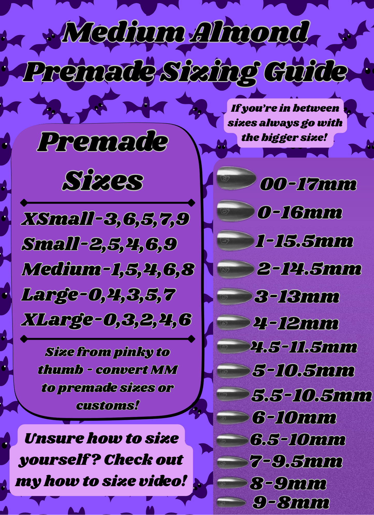 Almond Premade Sizing Guide