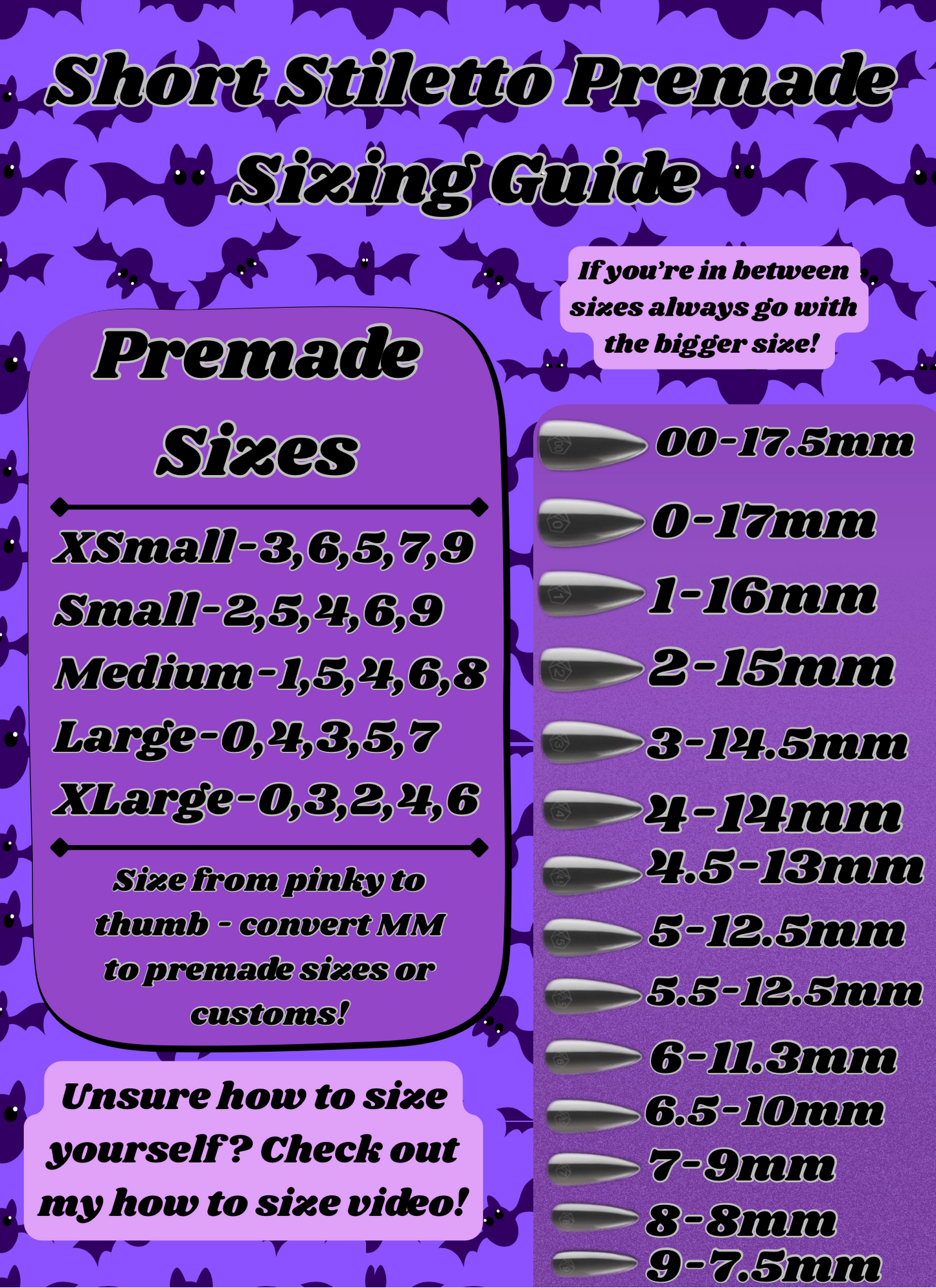 Stiletto Premade Sizing Guide