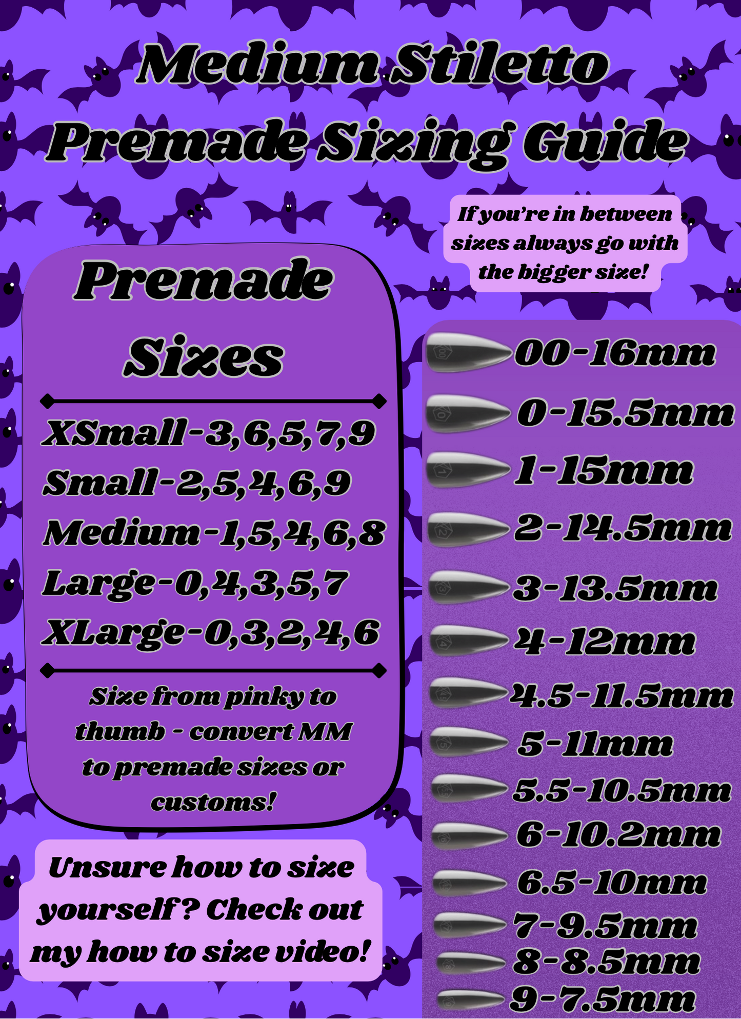 Stiletto Premade Sizing Guide