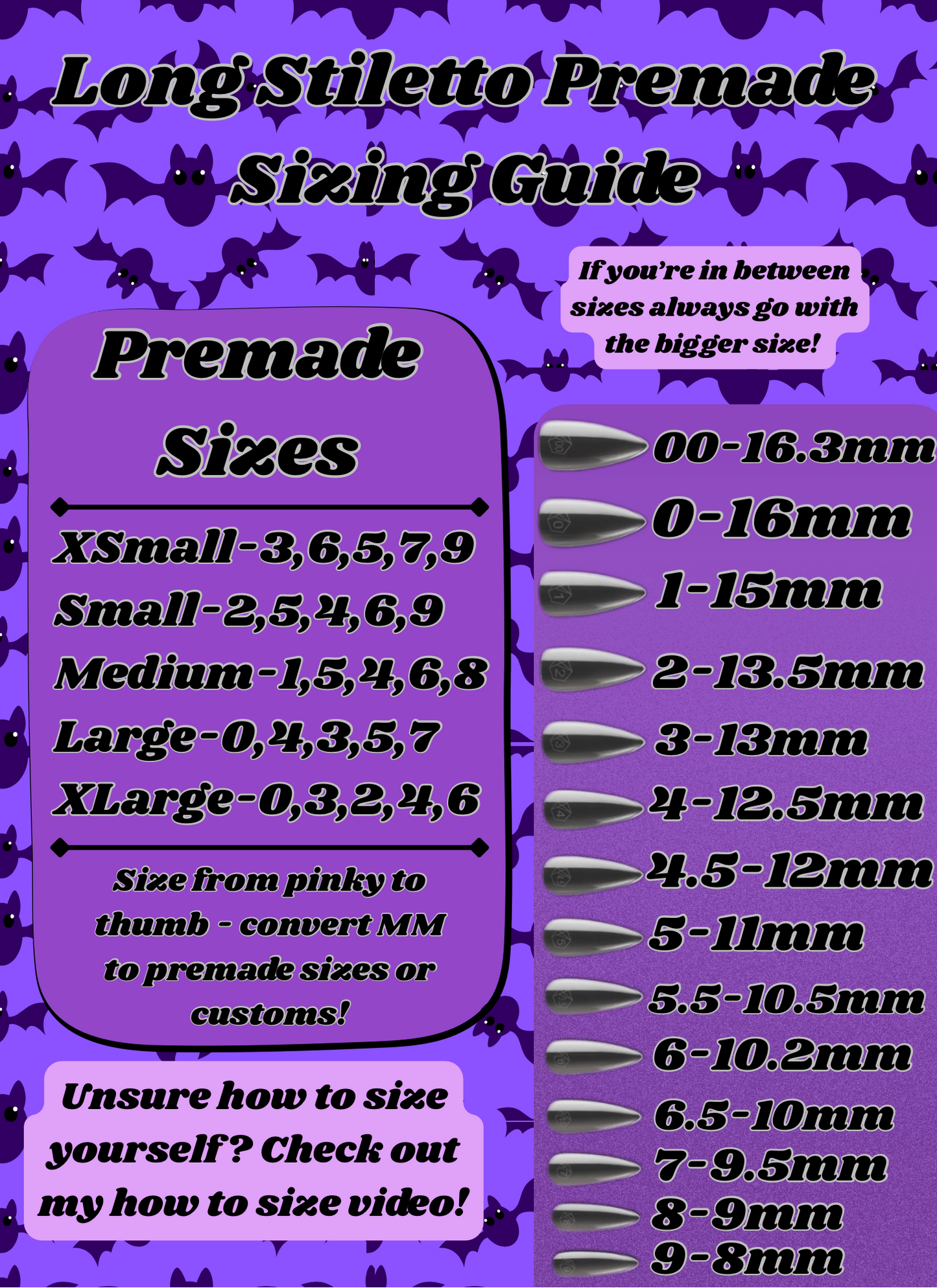Stiletto Premade Sizing Guide