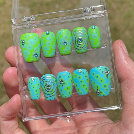 Blue & Green Trippy Swirl Bling Short Coffin