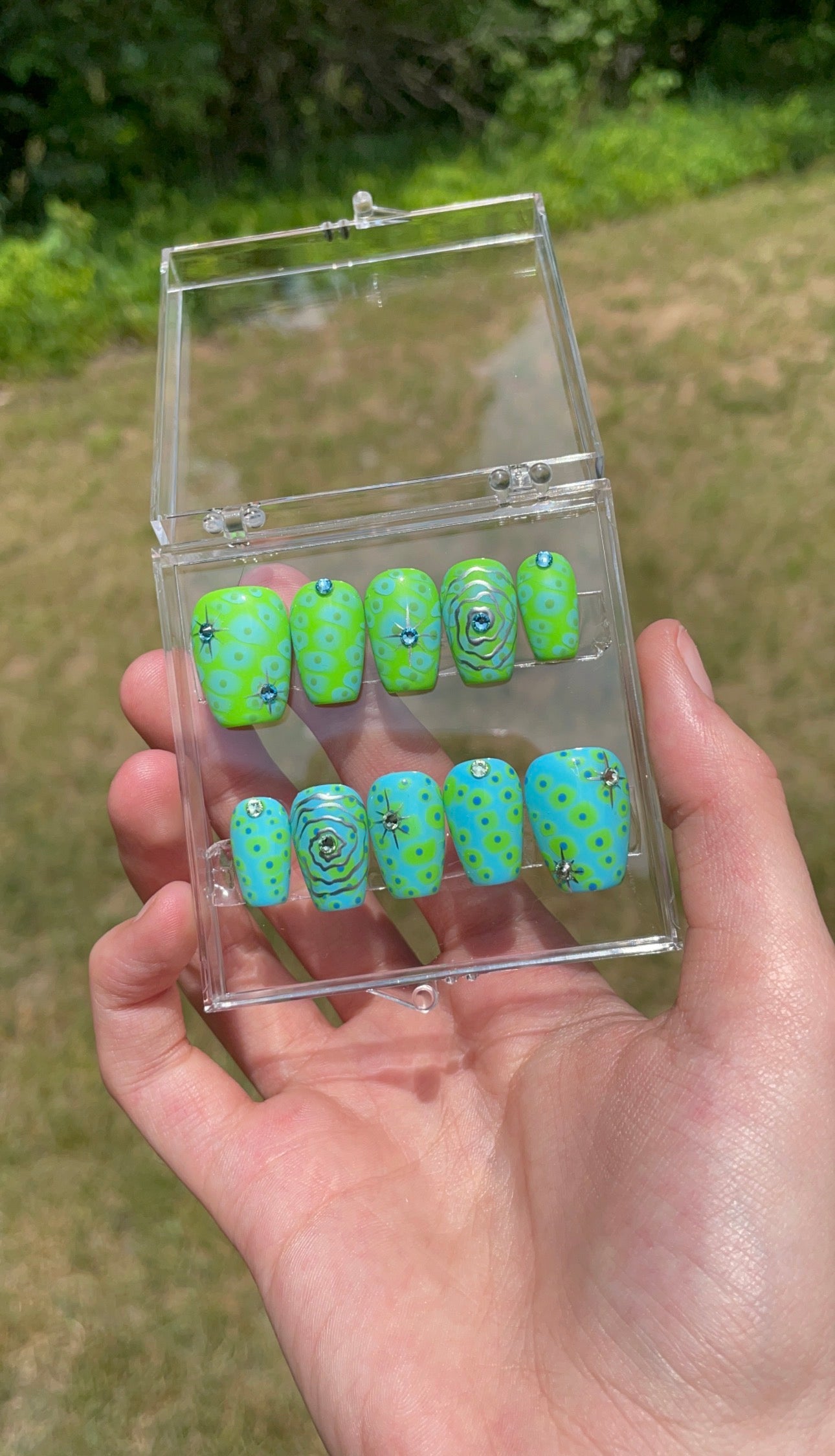 Blue & Green Trippy Swirl Bling Short Coffin
